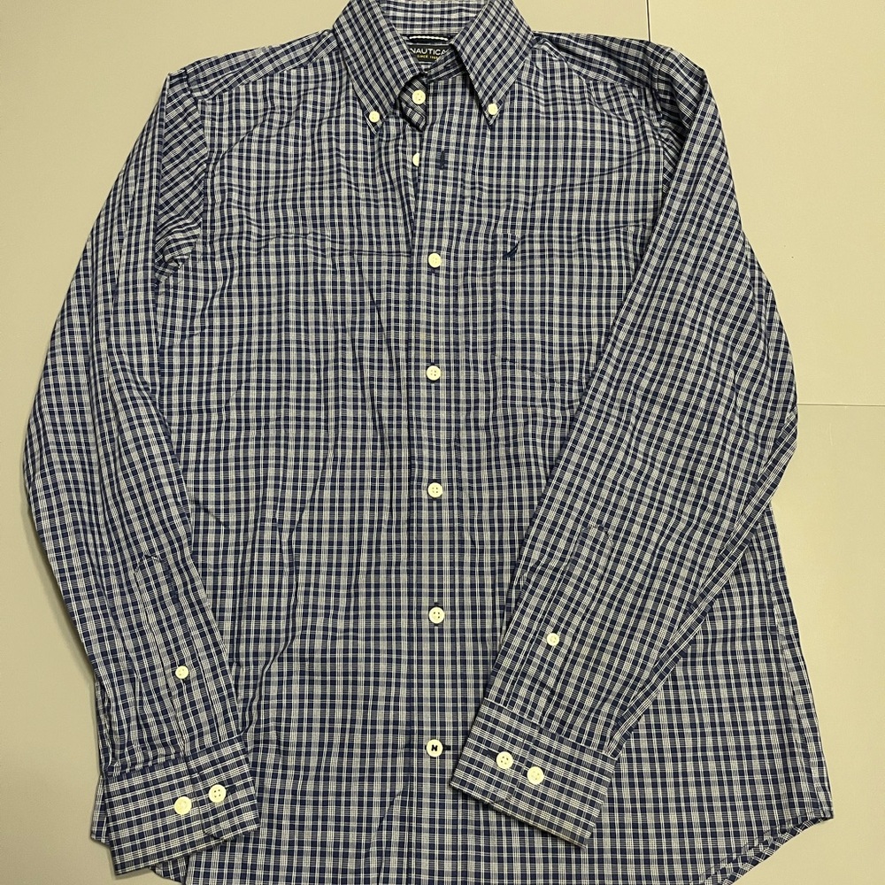 Nautica Navy and White Plaid Button Down Shirt
